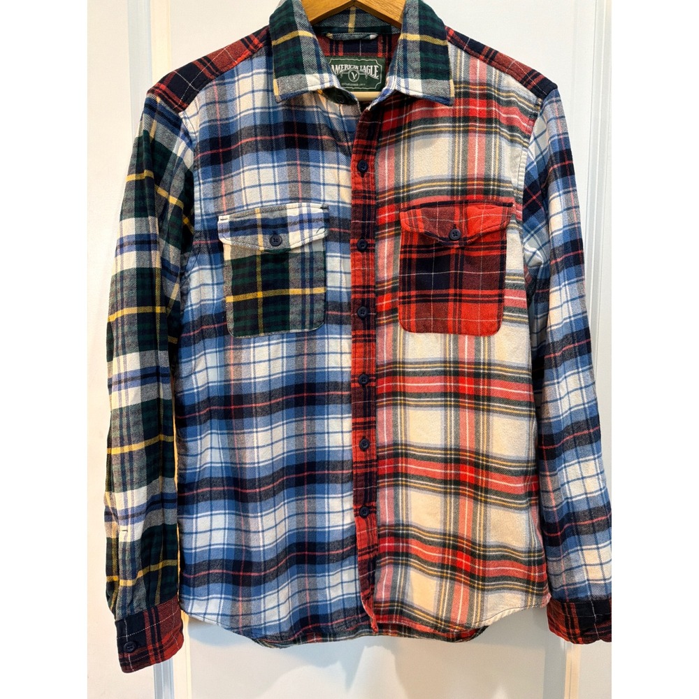 American Eagle Patchwork Plaid Flannel Shirt Mens Small Multicolor Button Down